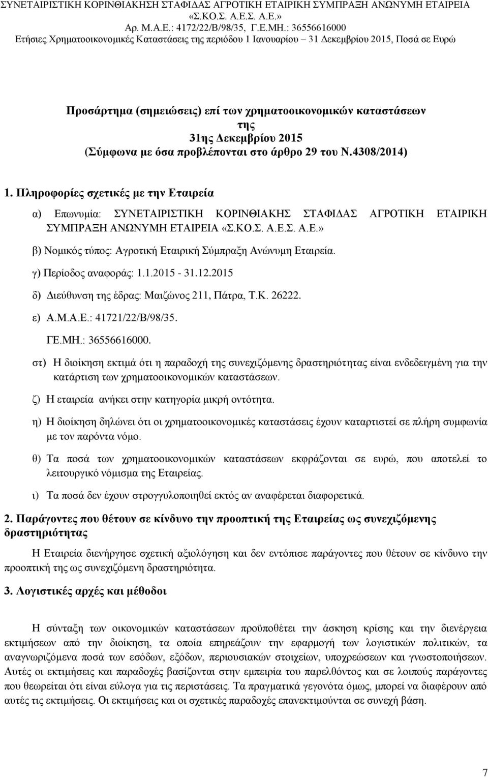 γ) Περίοδος αναφοράς: 1.1.2015-31.12.2015 δ) Διεύθυνση της έδρας: Μαιζώνος 211, Πάτρα, Τ.Κ. 26222. ε) Α.Μ.Α.Ε.: 41721/22/Β/98/35. ΓΕ.ΜΗ.: 36556616000.