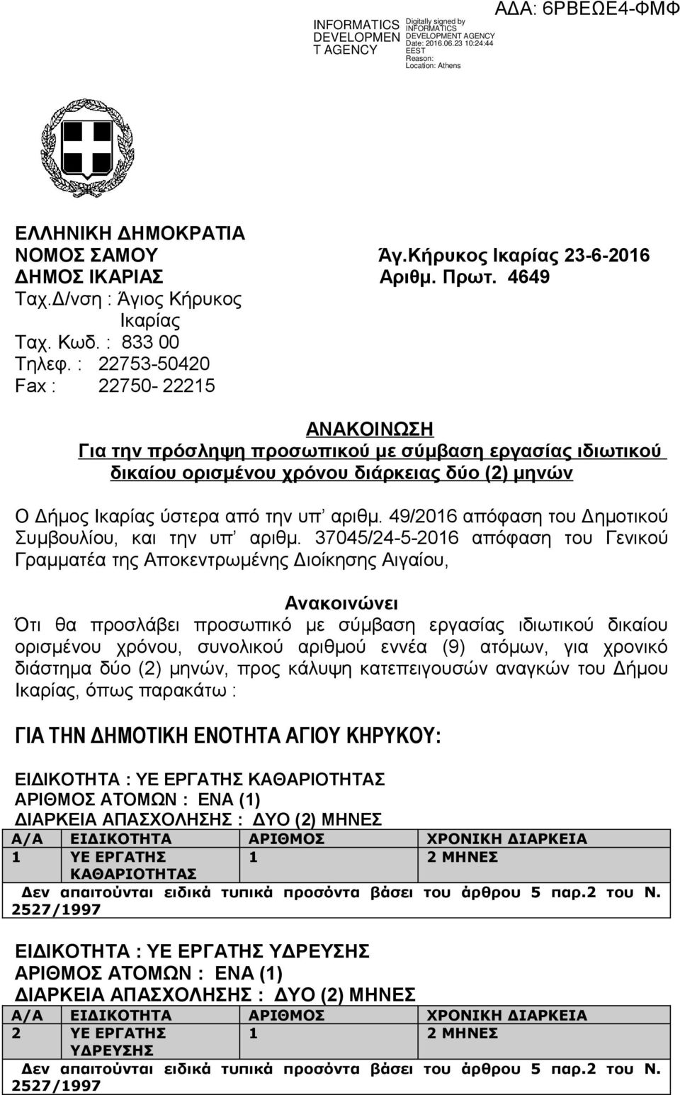 49/2016 απόφαση του Δημοτικού Συμβουλίου, και την υπ αριθμ.