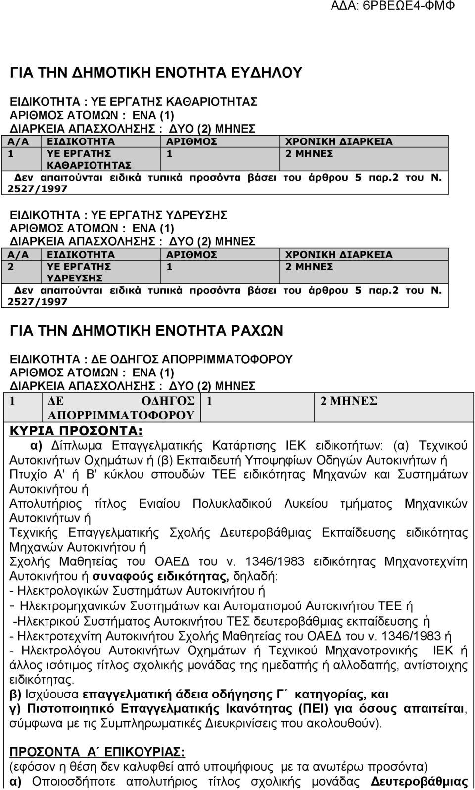 Αυτοκινήτου ή Απολυτήριος τίτλος Ενιαίου Πολυκλαδικού Λυκείου τμήματος Μηχανικών Αυτοκινήτων ή Τεχνικής Επαγγελματικής Σχολής Δευτεροβάθμιας Εκπαίδευσης ειδικότητας Μηχανών Αυτοκινήτου ή Σχολής