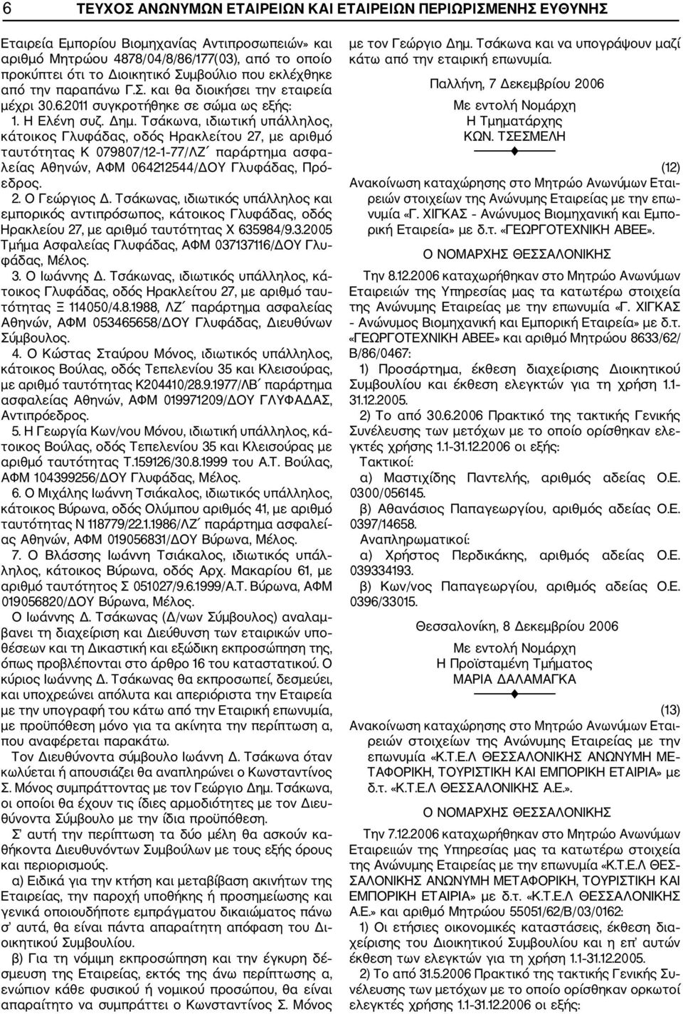Τσάκωνα, ιδιωτική υπάλληλος, κάτοικος Γλυφάδας, οδός Ηρακλείτου 27, με αριθμό ταυτότητας Κ 079807/12 1 77/ΛΖ παράρτημα ασφα λείας Αθηνών, ΑΦΜ 064212544/ΔΟΥ Γλυφάδας, Πρό εδρος. 2. Ο Γεώργιος Δ.
