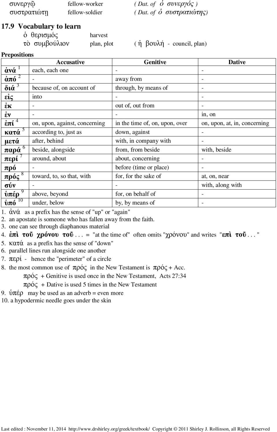account of through, by means of - εἰς into - - ἐκ - out of, out from - ἐν - - in, on ἐπί 4 on, upon, against, concerning in the time of, on, upon, over on, upon, at, in, concerning κατά 5 according