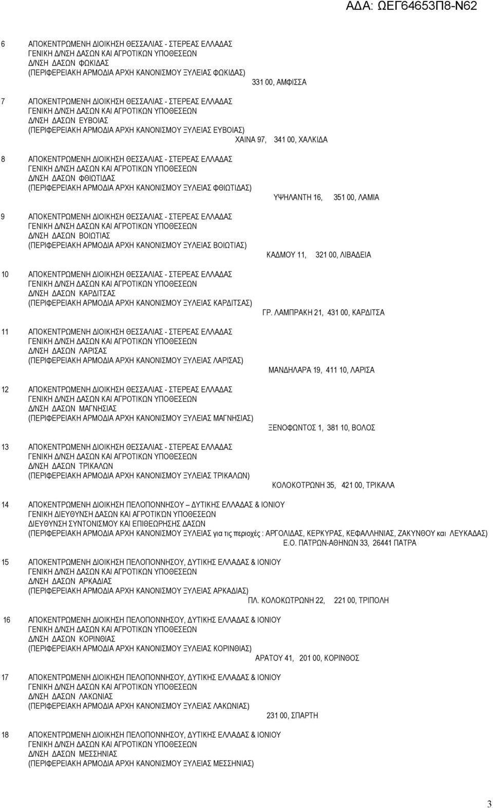 ΚΑΝΟΝΙΣΜΟΥ ΞΥΛΕΙΑΣ ΦΘΙΩΤΙ ΑΣ) ΥΨΗΛΑΝΤΗ 16, 351 00, ΛΑΜΙΑ 9 ΑΠΟΚΕΝΤΡΩΜΕΝΗ ΙΟΙΚΗΣΗ ΘΕΣΣΑΛΙΑΣ - ΣΤΕΡΕΑΣ ΕΛΛΑ ΑΣ /ΝΣΗ ΑΣΩΝ ΒΟΙΩΤΙΑΣ (ΠΕΡΙΦΕΡΕΙΑΚΗ ΑΡΜΟ ΙΑ ΑΡΧΗ ΚΑΝΟΝΙΣΜΟΥ ΞΥΛΕΙΑΣ ΒΟΙΩΤΙΑΣ) ΚΑ ΜΟΥ 11, 321