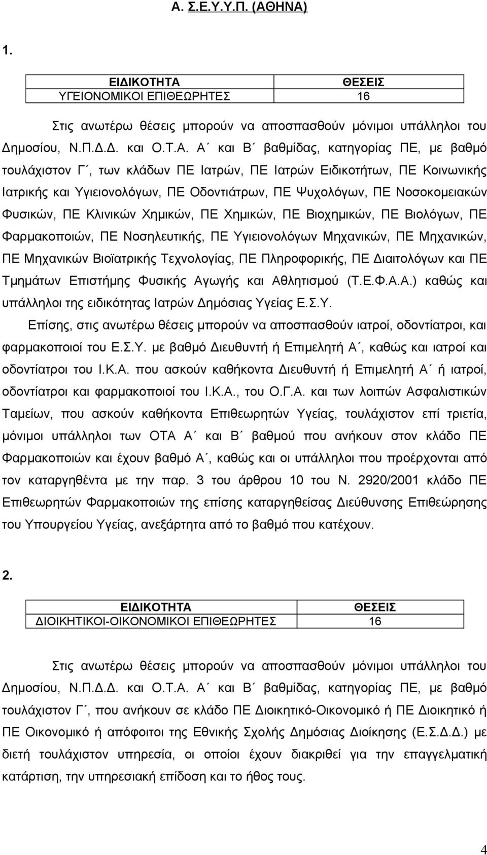 Βιοχημικών, ΠΕ Βιολόγων, ΠΕ Φαρμακοποιών, ΠΕ Νοσηλευτικής, ΠΕ Υγιειονολόγων Μηχανικών, ΠΕ Μηχανικών, ΠΕ Μηχανικών Βιοϊατρικής Τεχνολογίας, ΠΕ Πληροφορικής, ΠΕ Διαιτολόγων και ΠΕ Τμημάτων Επιστήμης