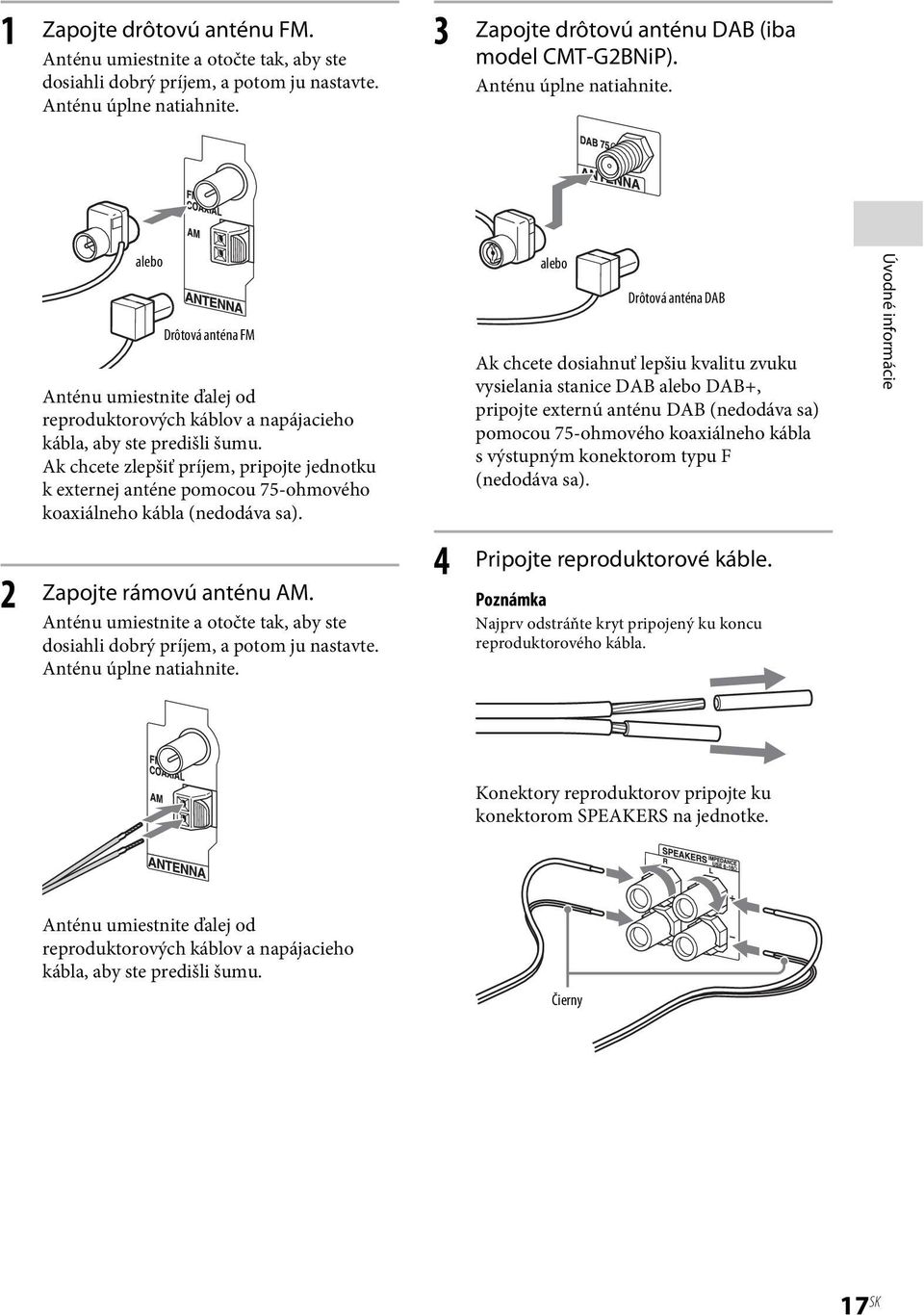 Ak chcete zlepšiť príjem, pripojte jednotku k externej anténe pomocou 75-ohmového koaxiálneho kábla (nedodáva sa). Zapojte rámovú anténu AM.