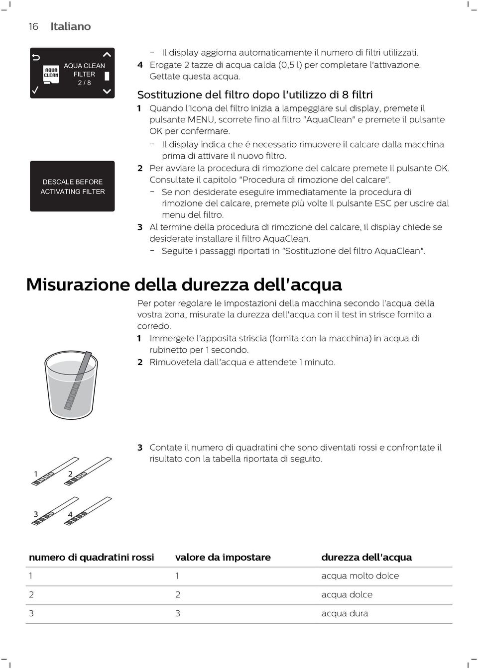 Sostituzione del filtro dopo l'utilizzo di 8 filtri 1 Quando l'icona del filtro inizia a lampeggiare sul display, premete il pulsante MENU, scorrete fino al filtro "AquaClean" e premete il pulsante