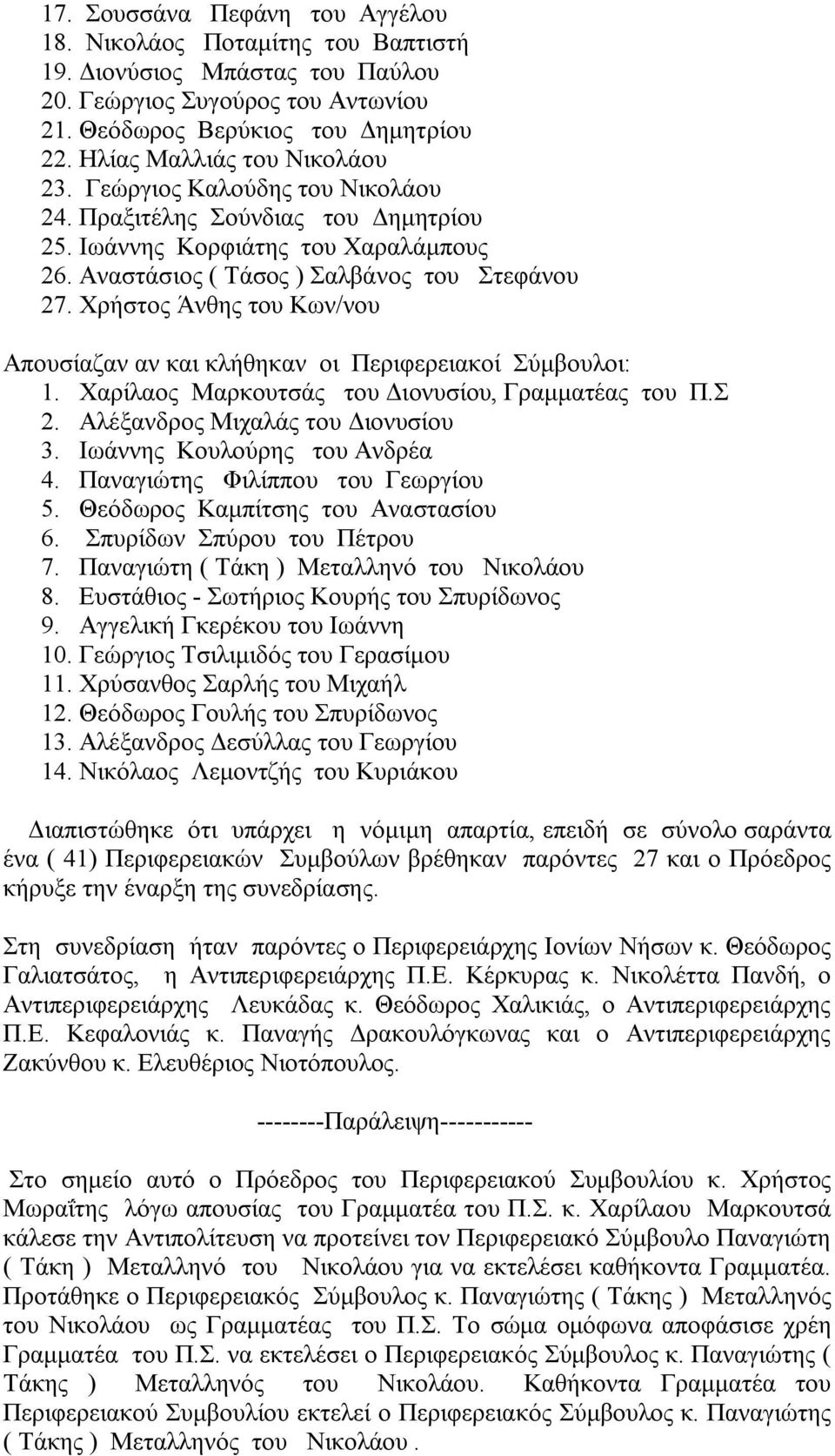 Χρήστος Άνθης του Κων/νου Απουσίαζαν αν και κλήθηκαν οι Περιφερειακοί Σύμβουλοι: 1. Χαρίλαος Μαρκουτσάς του Διονυσίου, Γραμματέας του Π.Σ 2. Αλέξανδρος Μιχαλάς του Διονυσίου 3.