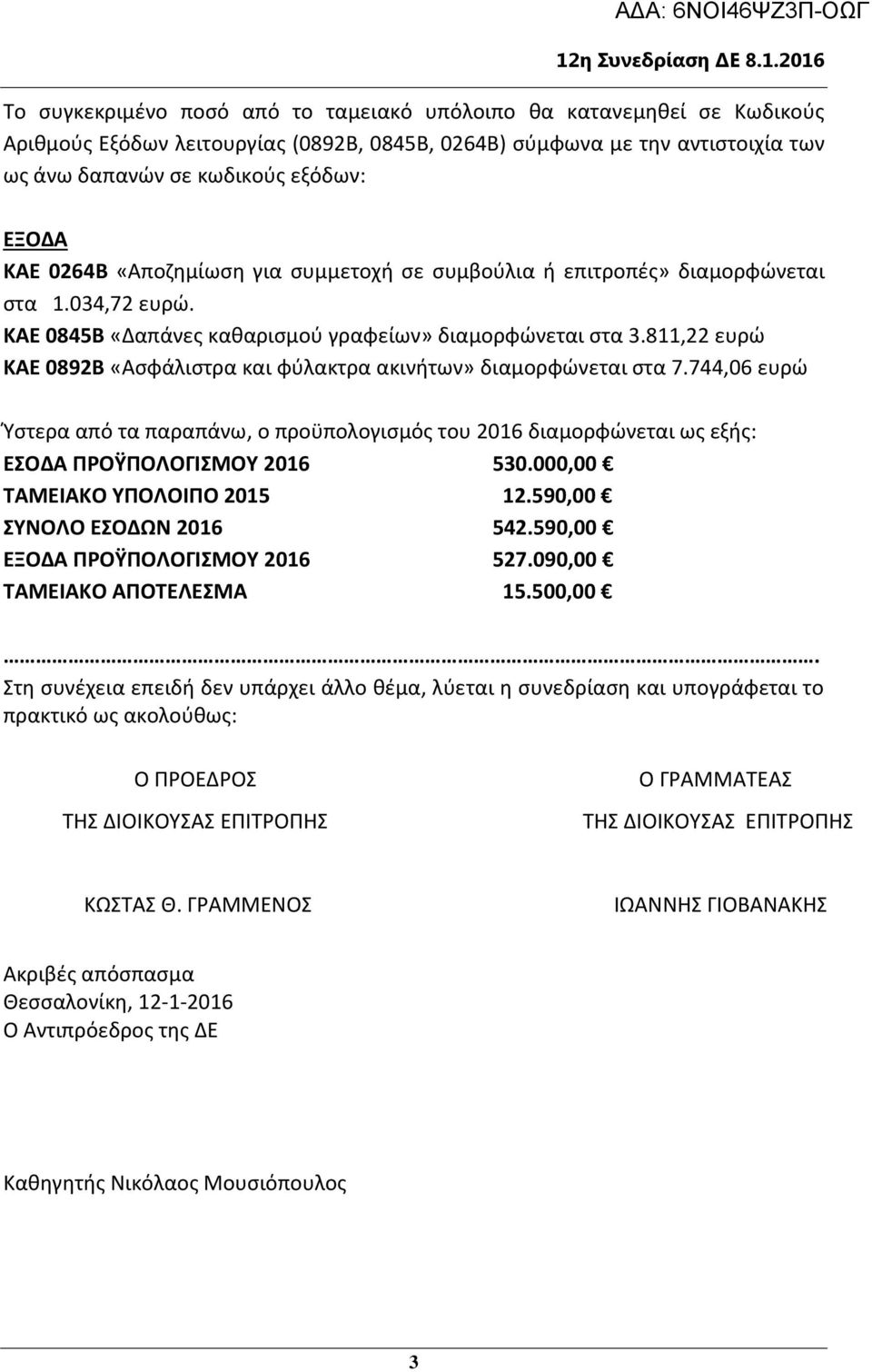 811,22 ευρώ ΚΑΕ 0892Β «Ασφάλιστρα και φύλακτρα ακινήτων» διαμορφώνεται στα 7.744,06 ευρώ Ύστερα από τα παραπάνω, ο προϋπολογισμός του 2016 διαμορφώνεται ως εξής: ΕΣΟΔΑ ΠΡΟΫΠΟΛΟΓΙΣΜΟΥ 2016 530.