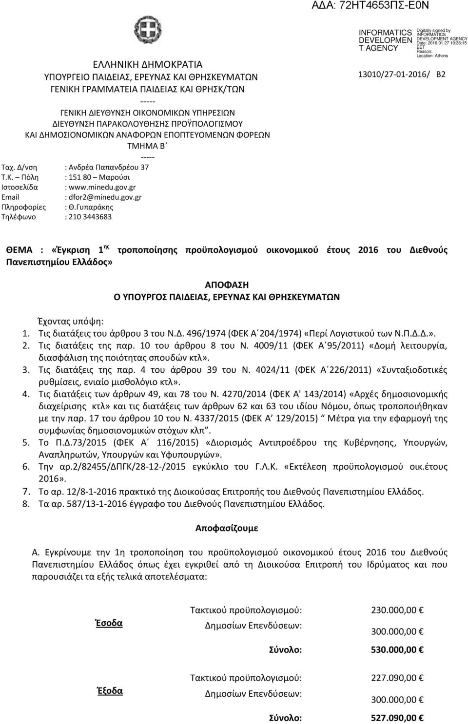 Γυπαράκης Τηλέφωνο : 210 3443683 13010/27-01-2016/ Β2 ΘΕΜΑ : «Έγκριση 1 ης Πανεπιστημίου Ελλάδος» τροποποίησης προϋπολογισμού οικονομικού έτους 2016 του Διεθνούς ΑΠΟΦΑΣΗ Ο ΥΠΟΥΡΓΟΣ ΠΑΙΔΕΙΑΣ, ΕΡΕΥΝΑΣ