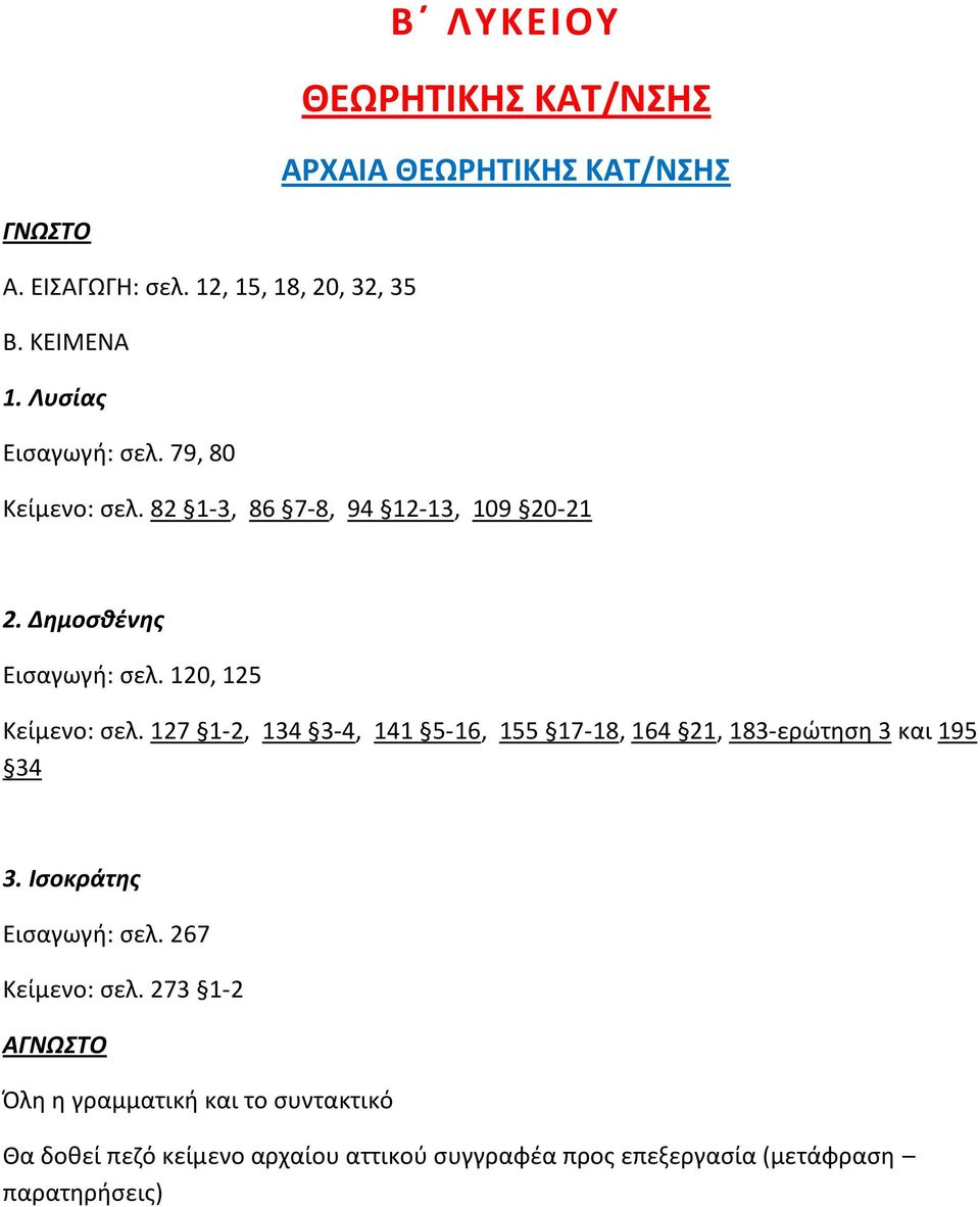 127 1-2, 134 3-4, 141 5-16, 155 17-18, 164 21, 183-ερώτηση 3 και 195 34 3. Ισοκράτης : σελ. 267 Κείμενο: σελ.