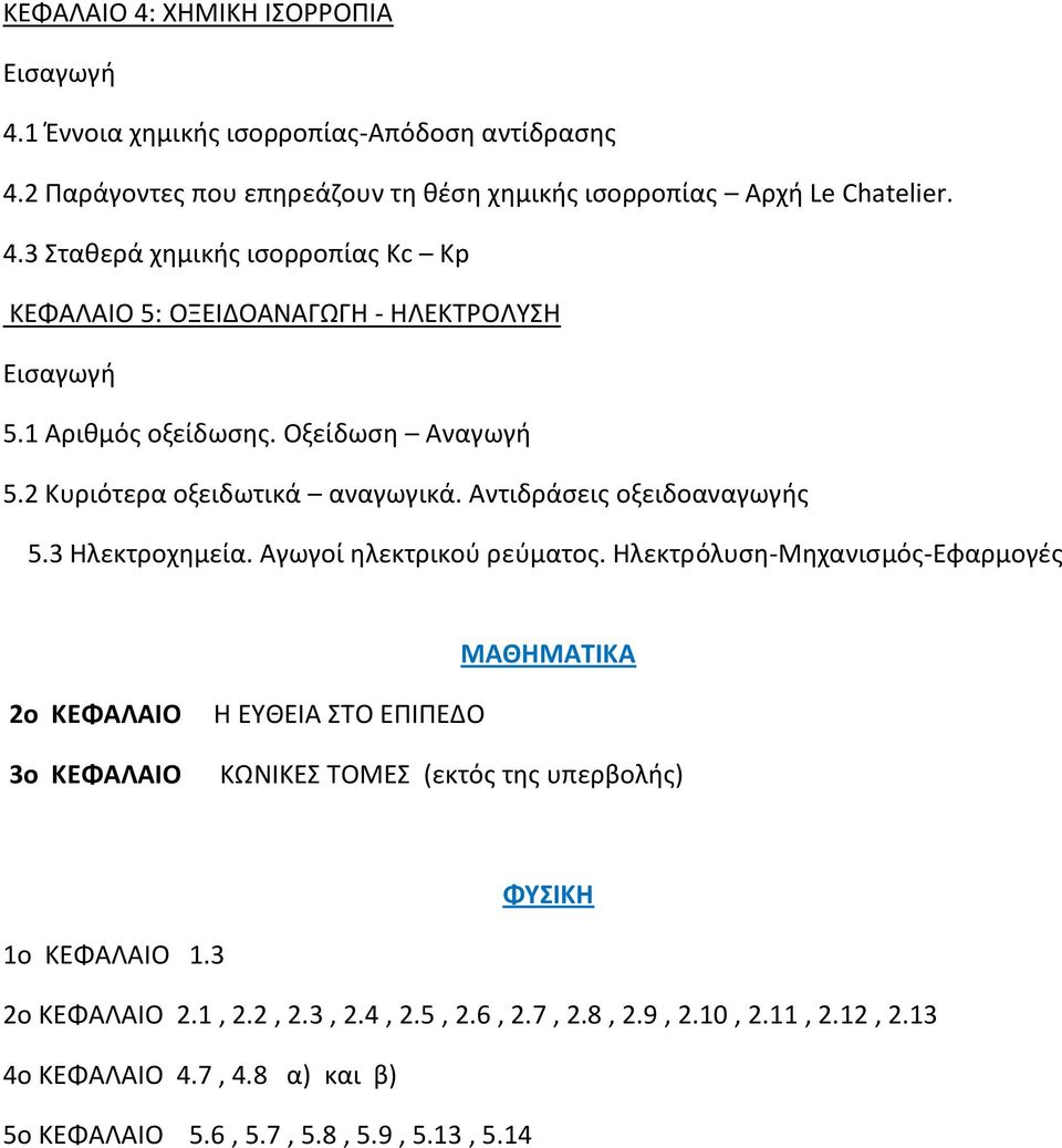 Ηλεκτρόλυση-Μηχανισμός-Εφαρμογές ΜΑΘΗΜΑΤΙΚΑ 2ο ΚΕΦΑΛΑΙΟ 3ο ΚΕΦΑΛΑΙΟ Η ΕΥΘΕΙΑ ΣΤΟ ΕΠΙΠΕΔΟ ΚΩΝΙΚΕΣ ΤΟΜΕΣ (εκτός της υπερβολής) ΦΥΣΙΚΗ 1ο ΚΕΦΑΛΑΙΟ 1.3 2ο ΚΕΦΑΛΑΙΟ 2.1, 2.