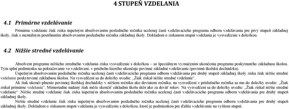 mentálnym postihnutím absolvovaním posledného ročníka základnej školy. Dokladom o získanom stupni vzdelania je vysvedčenie s doložkou. 4.