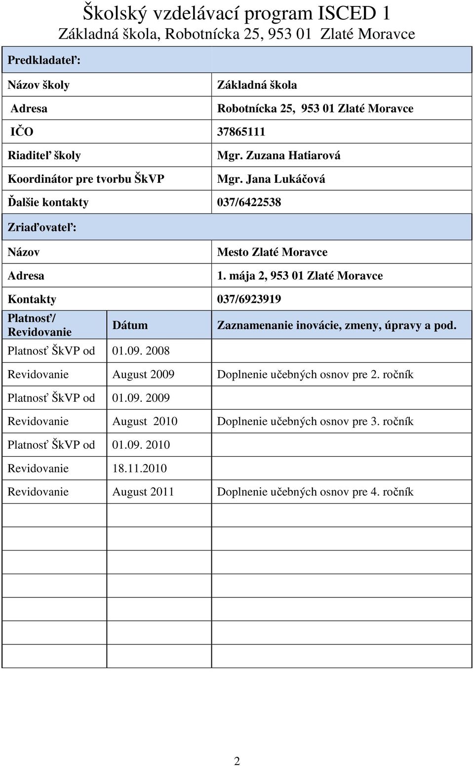 mája 2, 953 01 Zlaté Moravce Kontakty 037/6923919 Platnosť/ Revidovanie Dátum Platnosť ŠkVP od 01.09. 2008 Zaznamenanie inovácie, zmeny, úpravy a pod.