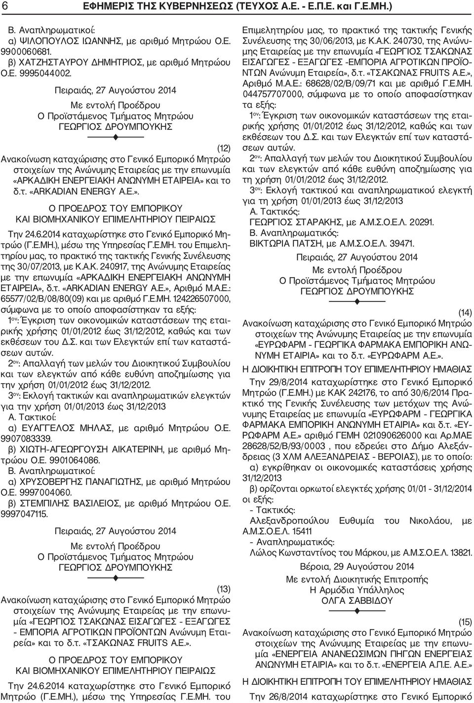 Α.Κ. 240917, της Ανώνυμης Εταιρείας με την επωνυμία «ΑΡΚΑΔΙΚΗ ΕΝΕΡΓΕΙΑΚΗ ΑΝΩΝΥΜΗ 