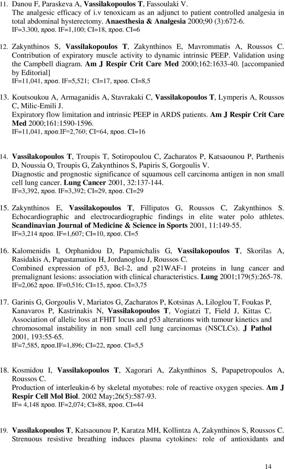 Contribution of expiratory muscle activity to dynamic intrinsic PEEP. Validation using the Campbell diagram. Am J Respir Crit Care Med 2000;62:633-40. [accompanied by Editorial] IF=,04, προσ.