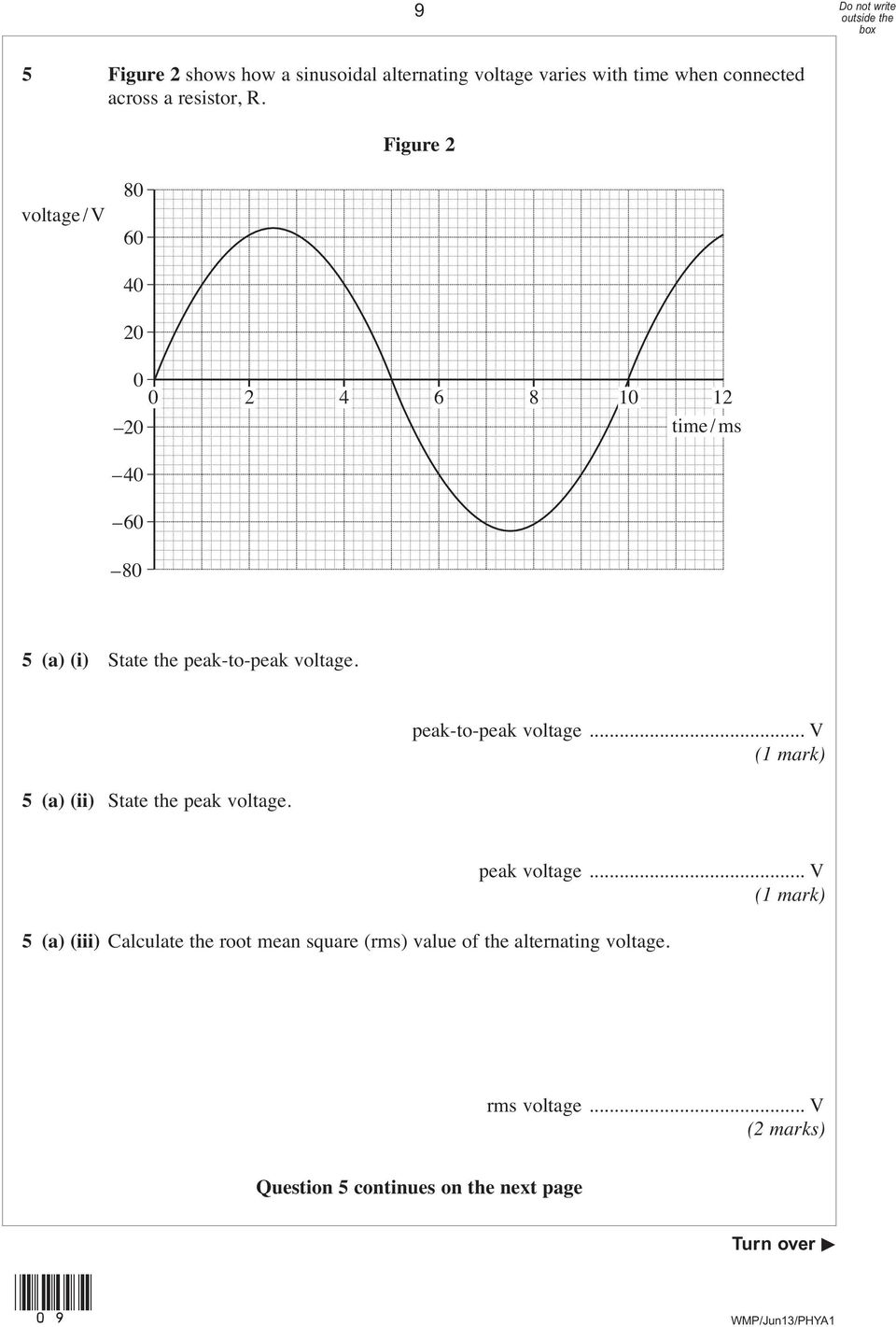 5 (a) (ii) State the peak voltage. peak-to-peak voltage... V peak voltage.