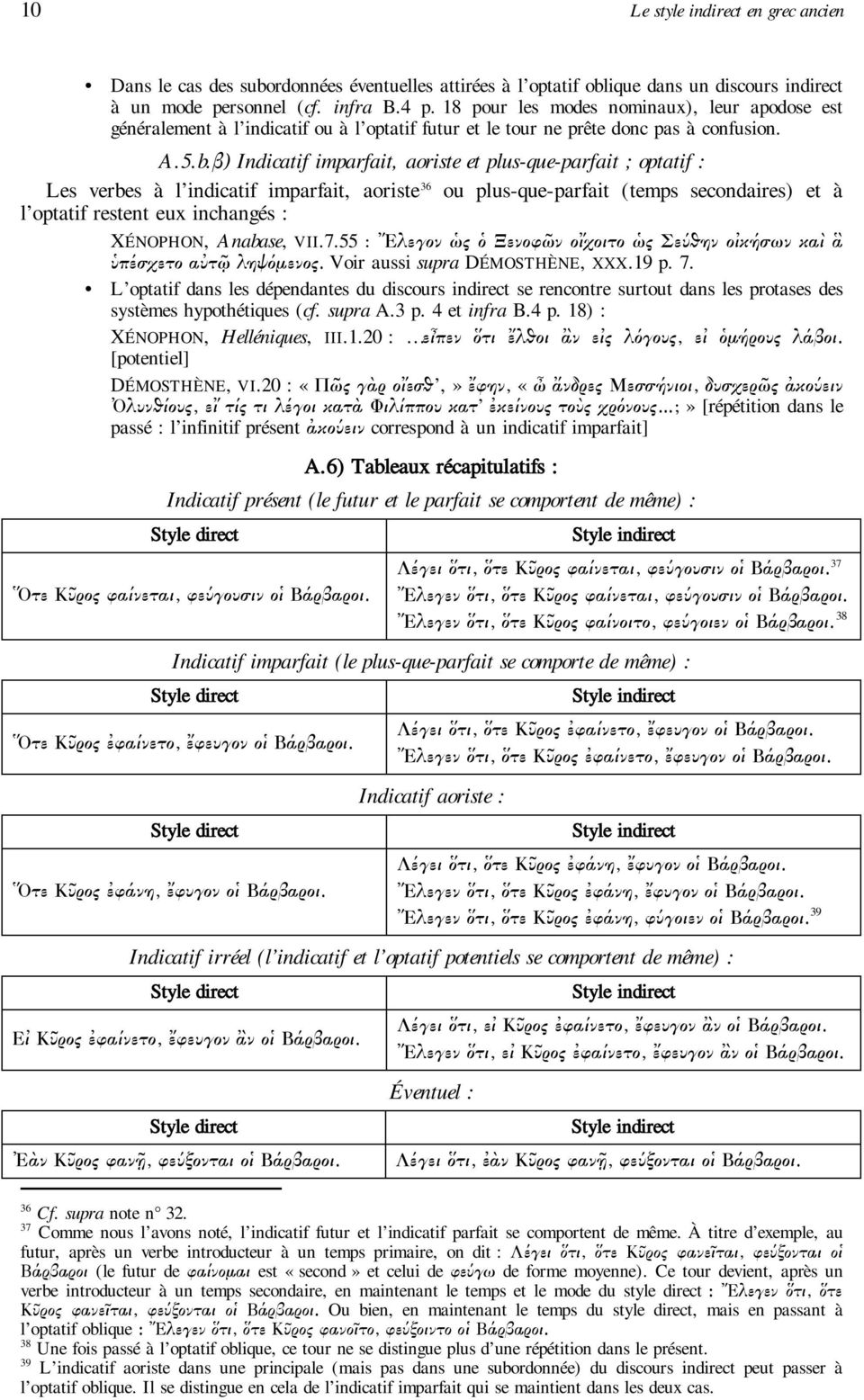 β) Indicatif imparfait, aoriste et plus-que-parfait ; optatif : Les verbes à l indicatif imparfait, aoriste 36 ou plus-que-parfait (temps secondaires) et à l optatif restent eux inchangés : XÉNOPHON,