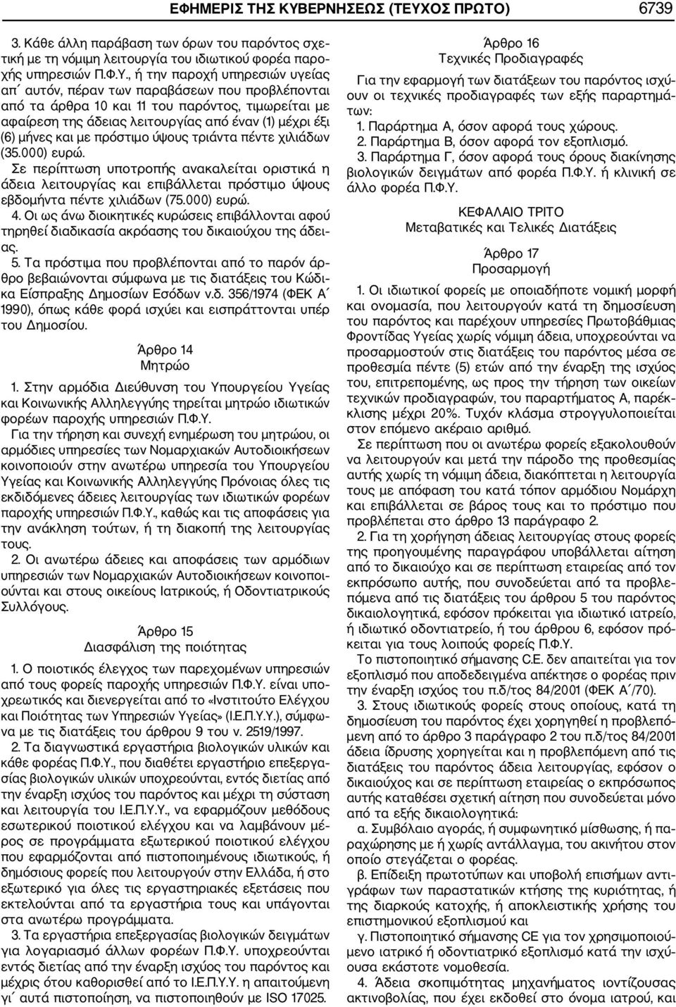 ΟΣ ΠΡΩΤΟ) 6739 3. Κάθε άλλη παράβαση των όρων του παρόντος σχε τική με τη νόμιμη λειτουργία του ιδιωτικού φορέα παρο χής υπηρεσιών Π.Φ.Υ.