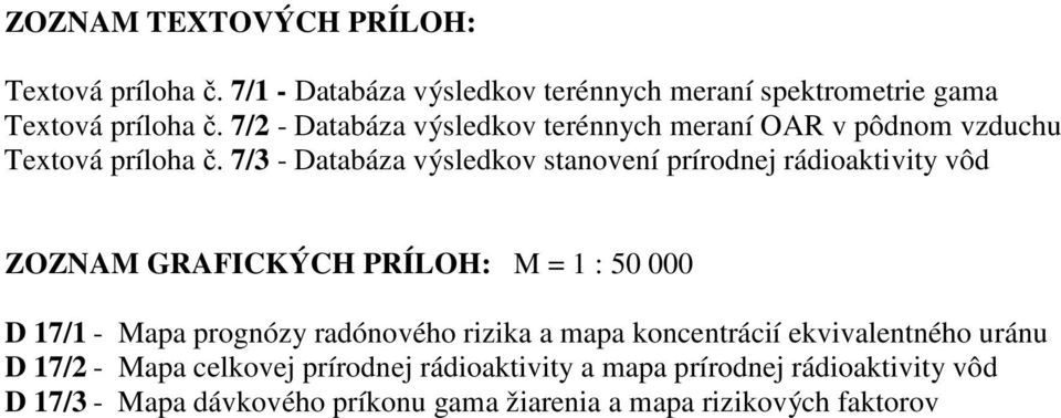 7/3 - Databáza výsledkov stanovení prírodnej rádioaktivity vôd ZOZNAM GRAFICKÝCH PRÍLOH: M = 1 : 50 000 D 17/1 - Mapa prognózy