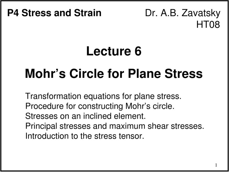 equations for plane stress. Procedure for constructing Mohr s circle.