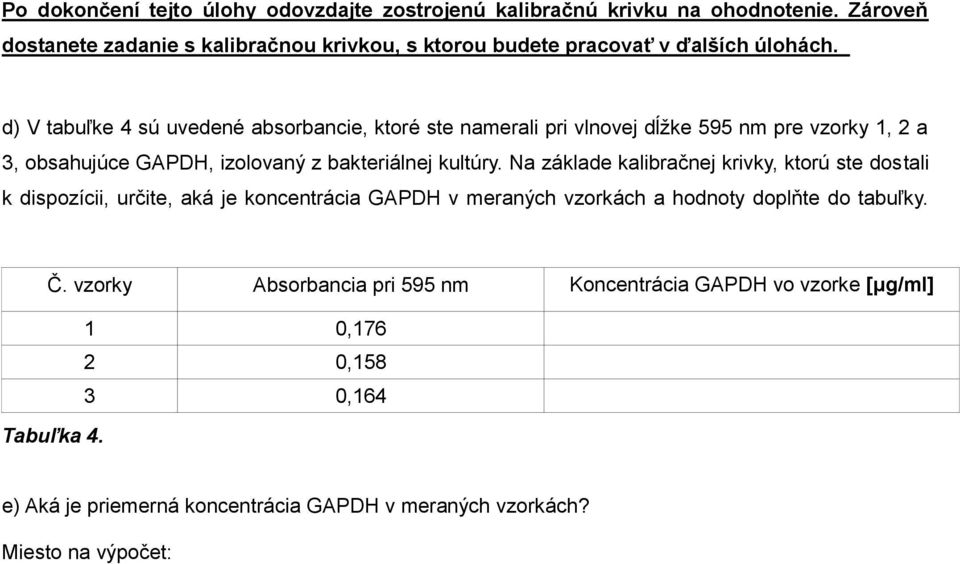 d) V tabuľke 4 sú uvedené absorbancie, ktoré ste namerali pri vlnovej dĺžke 595 nm pre vzorky 1, 2 a 3, obsahujúce GAPDH, izolovaný z bakteriálnej kultúry.