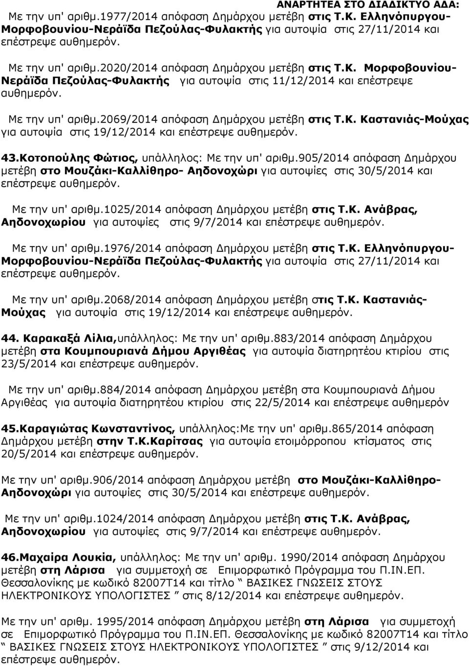 Κοτοπούλης Φώτιος, υπάλληλος: Με την υπ' αριθµ.905/2014 απόφαση ηµάρχου µετέβη στο Μουζάκι-Καλλίθηρο- Αηδονοχώρι για αυτοψίες στις 30/5/2014 και Με την υπ' αριθµ.