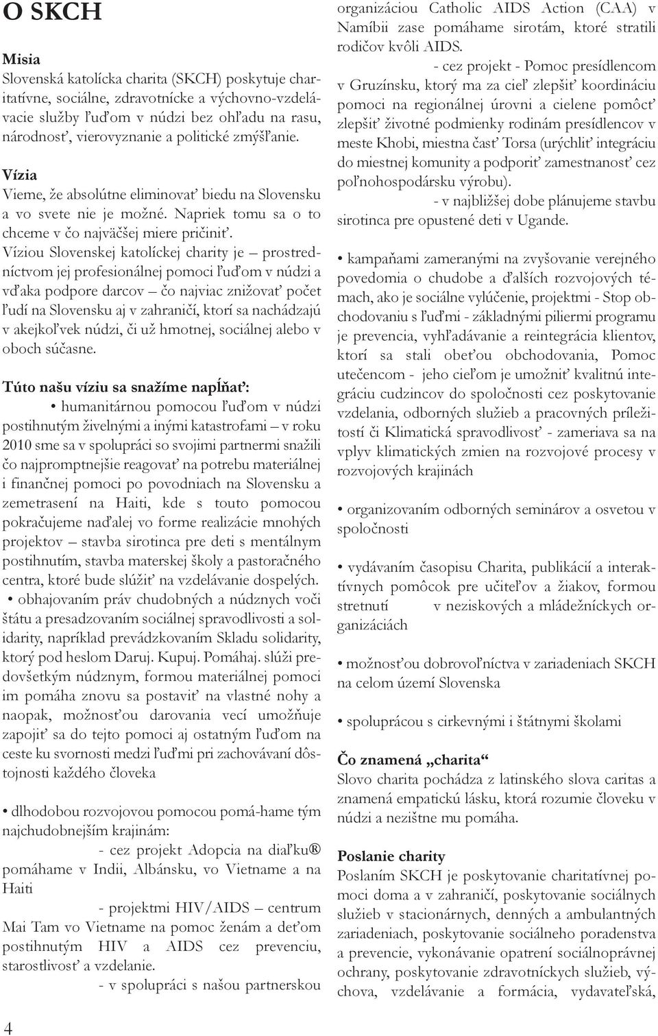 Víziou Slovenskej katolíckej charity je prostredníctvom jej profesionálnej pomoci ľuďom v núdzi a vďaka podpore darcov čo najviac znižovať počet ľudí na Slovensku aj v zahraničí, ktorí sa nachádzajú