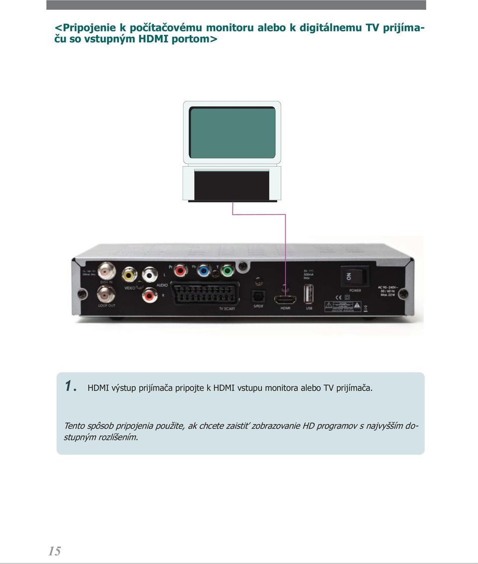 HDMI výstup prijímača pripojte k HDMI vstupu monitora alebo TV