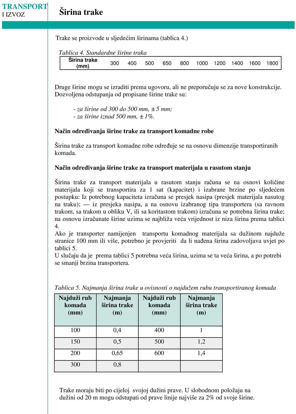 Dozvoljena odstupanja od propisane širine trake su: - za širine od 300 do 500 mm, ± 5 mm; - za širine iznad 500 mm, ± 1%.