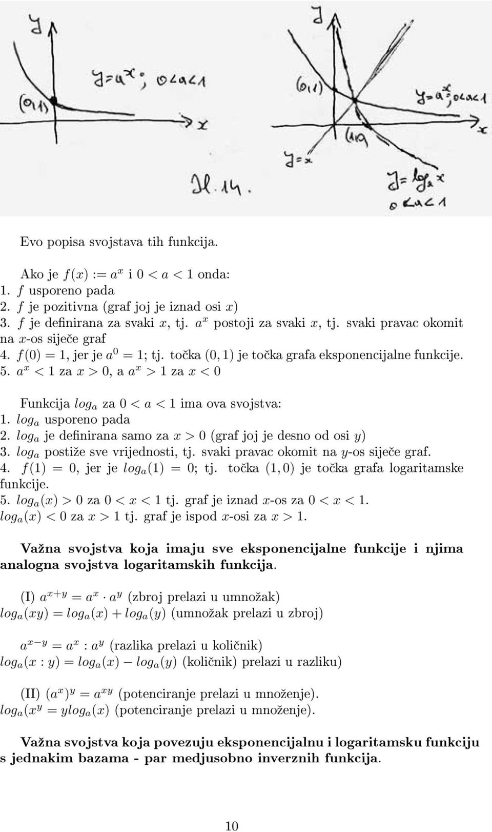 a x < 1 za x > 0, a a x > 1 za x < 0 Funkcija log a za 0 < a < 1 ima ova svojstva: 1. log a usporeno pada 2. log a je denirana samo za x > 0 (graf joj je desno od osi y) 3.