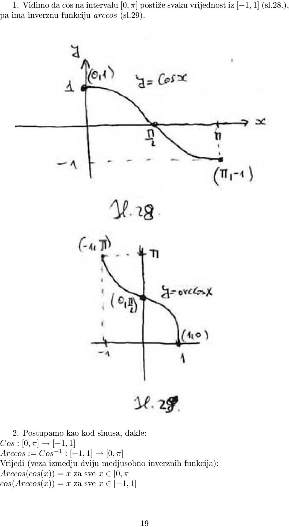 Postupamo kao kod sinusa, dakle: Cos : [0, π] [ 1, 1] Arccos := Cos 1 : [ 1, 1] [0, π]