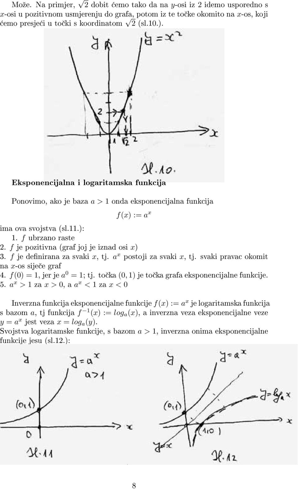 f je pozitivna (graf joj je iznad osi x) 3. f je denirana za svaki x, tj. a x postoji za svaki x, tj. svaki pravac okomit na x-os sije e graf 4. f(0) = 1, jer je a 0 = 1; tj.