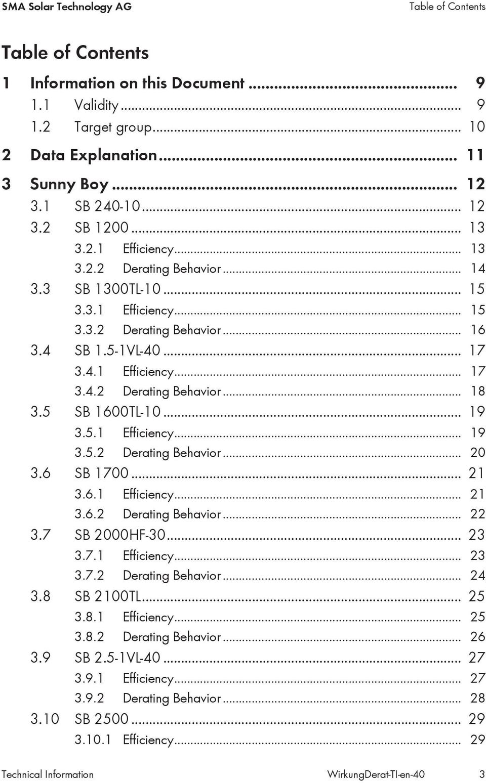 5 SB 1600TL-10... 19 3.5.1 Efficiency... 19 3.5.2 Derating Behavior... 20 3.6 SB 1700... 21 3.6.1 Efficiency... 21 3.6.2 Derating Behavior... 22 3.7 SB 2000HF-30... 23 3.7.1 Efficiency... 23 3.7.2 Derating Behavior... 24 3.