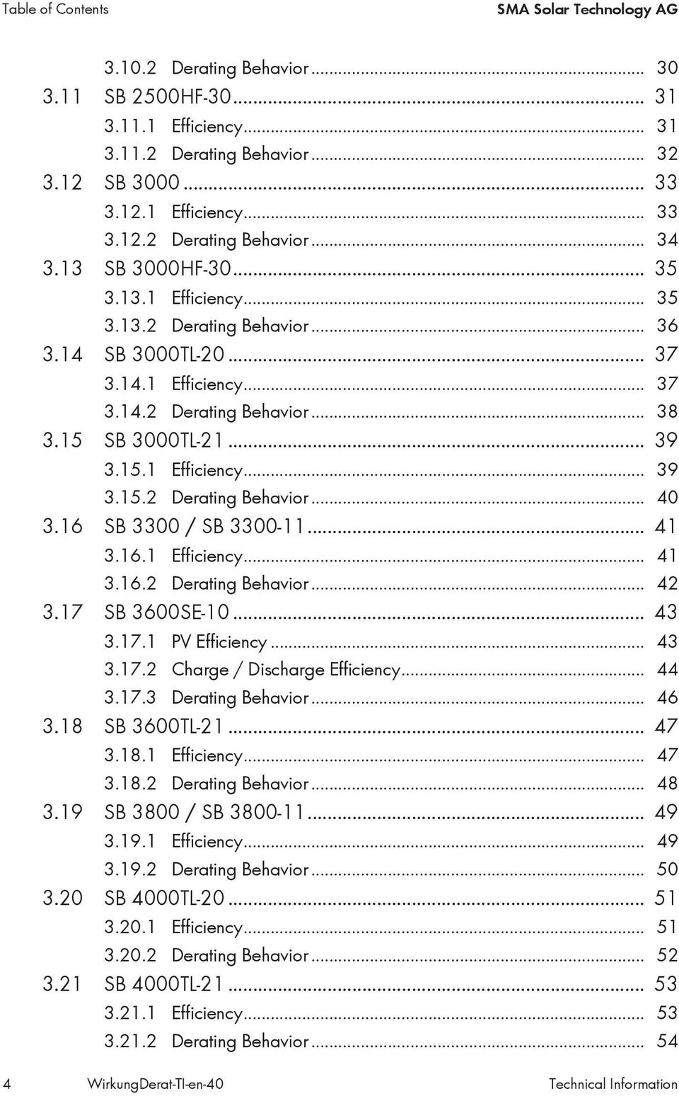 16 SB 3300 / SB 3300-11... 41 3.16.1 Efficiency... 41 3.16.2 Derating Behavior... 42 3.17 SB 3600SE-10... 43 3.17.1 PV Efficiency... 43 3.17.2 Charge / Discharge Efficiency... 44 3.17.3 Derating Behavior.