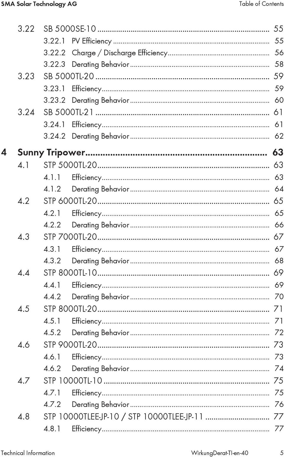 2 STP 6000TL-20... 65 4.2.1 Efficiency... 65 4.2.2 Derating Behavior... 66 4.3 STP 7000TL-20... 67 4.3.1 Efficiency... 67 4.3.2 Derating Behavior... 68 4.4 STP 8000TL-10... 69 4.4.1 Efficiency... 69 4.4.2 Derating Behavior... 70 4.