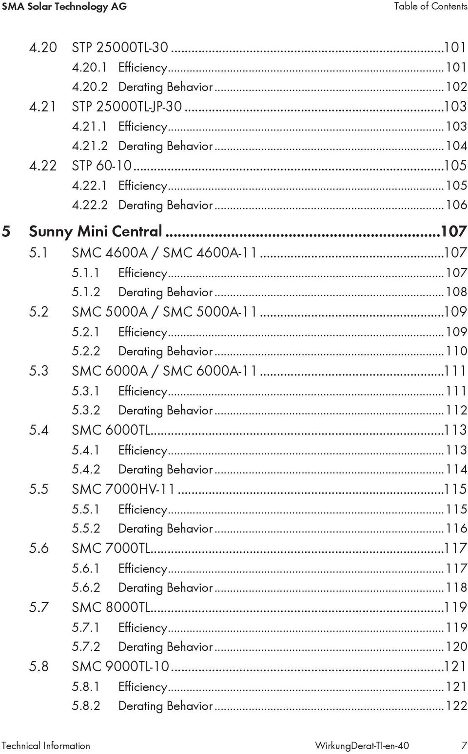 2 SMC 5000A / SMC 5000A-11...109 5.2.1 Efficiency...109 5.2.2 Derating Behavior...110 5.3 SMC 6000A / SMC 6000A-11...111 5.3.1 Efficiency...111 5.3.2 Derating Behavior...112 5.4 SMC 6000TL...113 5.4.1 Efficiency...113 5.4.2 Derating Behavior...114 5.
