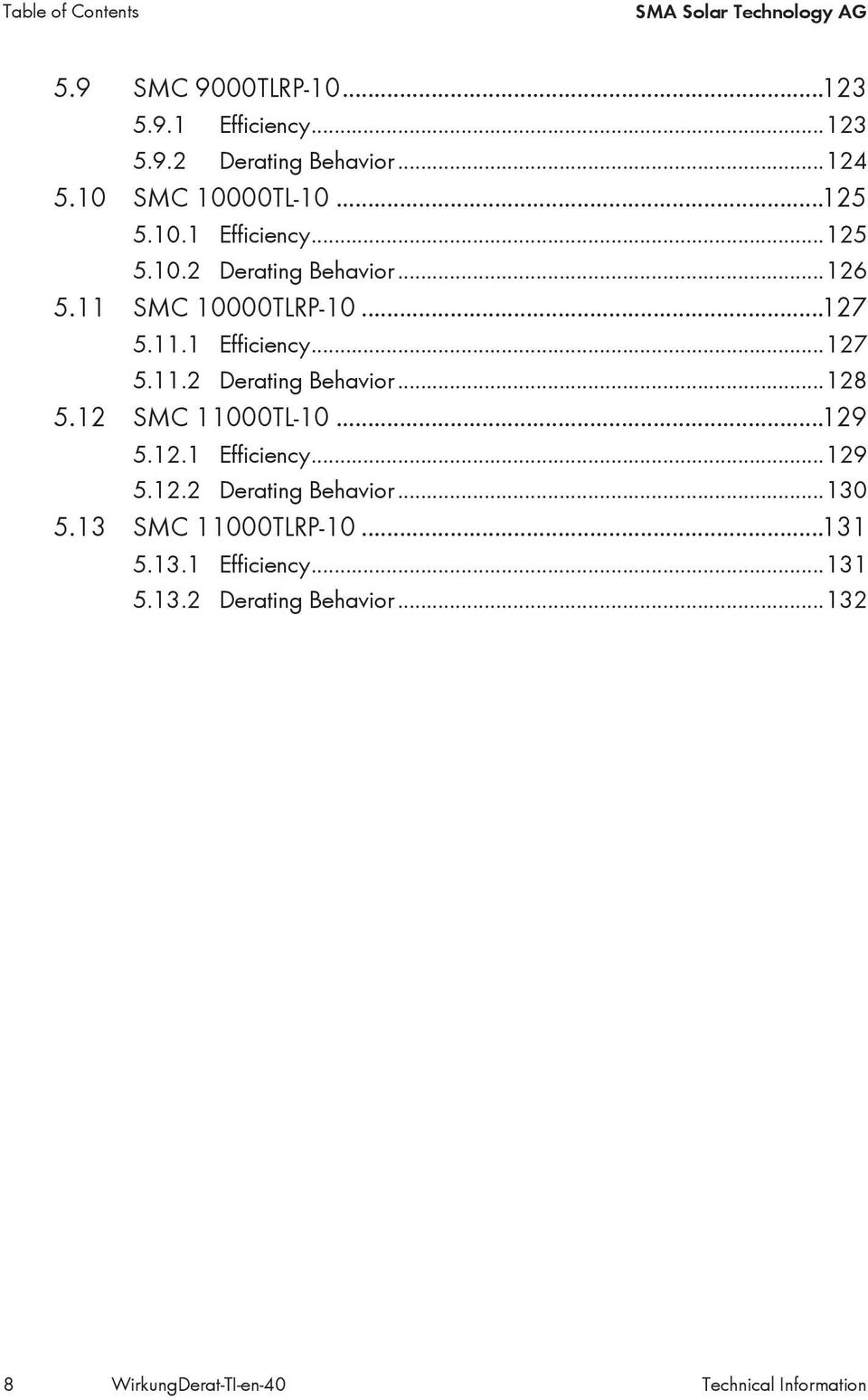 12 SMC 11000TL-10...129 5.12.1 Efficiency...129 5.12.2 Derating Behavior...130 5.13 SMC 11000TLRP-10...131 5.13.1 Efficiency...131 5.13.2 Derating Behavior...132 8 WirkungDerat-TI-en-40 Technical Information