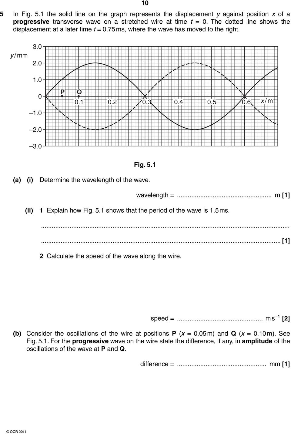1 (a) (i) Determine the wavelength of the wave. wavelength =... m [1] (ii) 1 Explain how Fig. 5.1 shows that the period of the wave is 1.5 ms.... [1] 2 Calculate the speed of the wave along the wire.