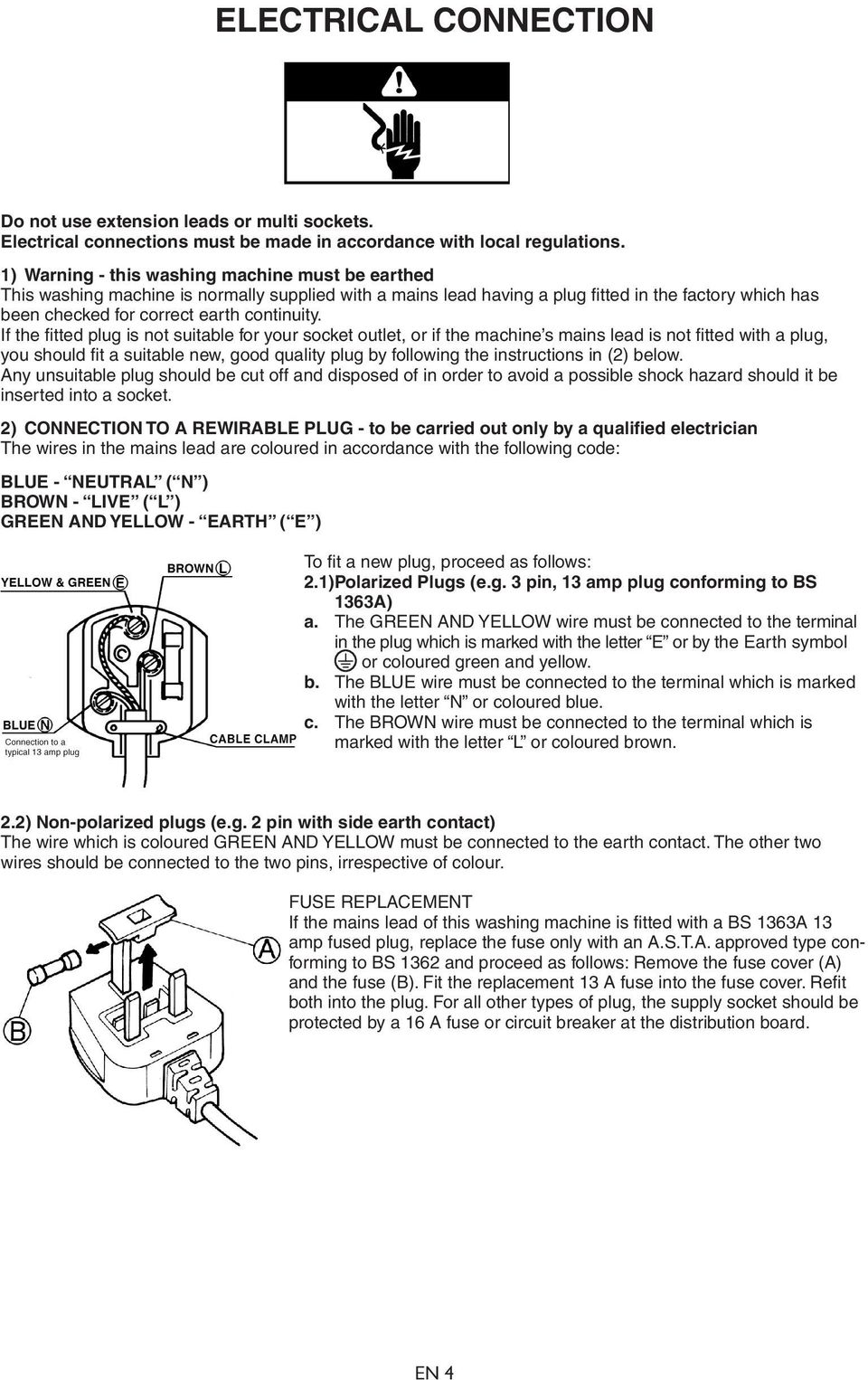 If the fitted plug is not suitable for your socket outlet, or if the machine s mains lead is not fitted with a plug, you should fit a suitable new, good quality plug by following the instructions in
