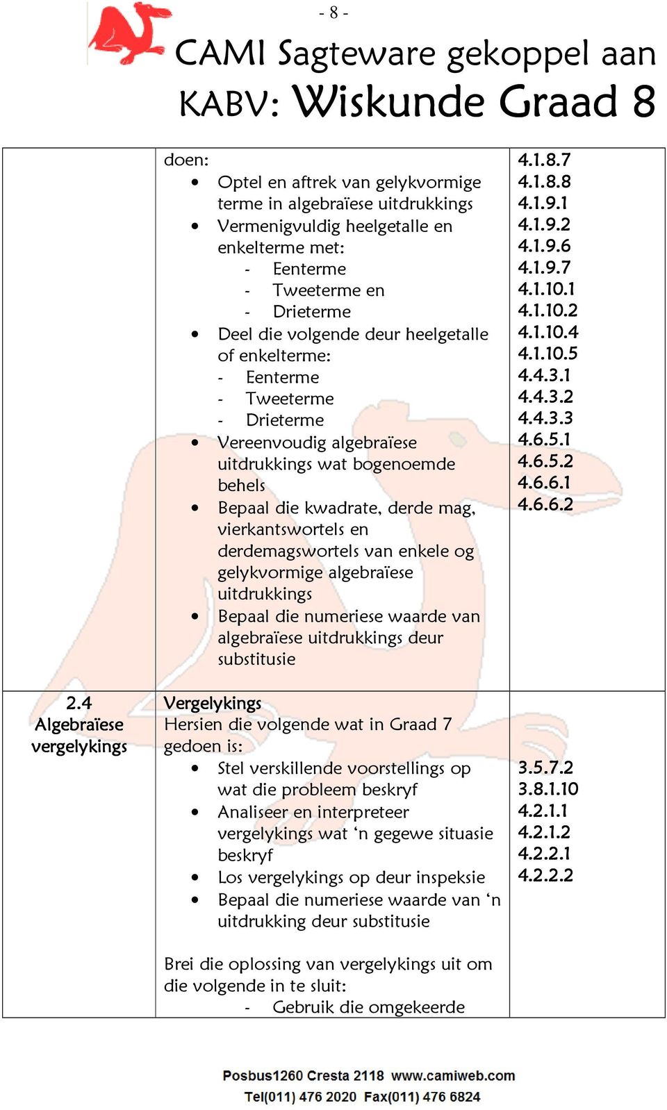 volgende deur heelgetalle of enkelterme: - Eenterme - Tweeterme - Drieterme Vereenvoudig algebraïese uitdrukkings wat bogenoemde behels Bepaal die kwadrate, derde mag, vierkantswortels en