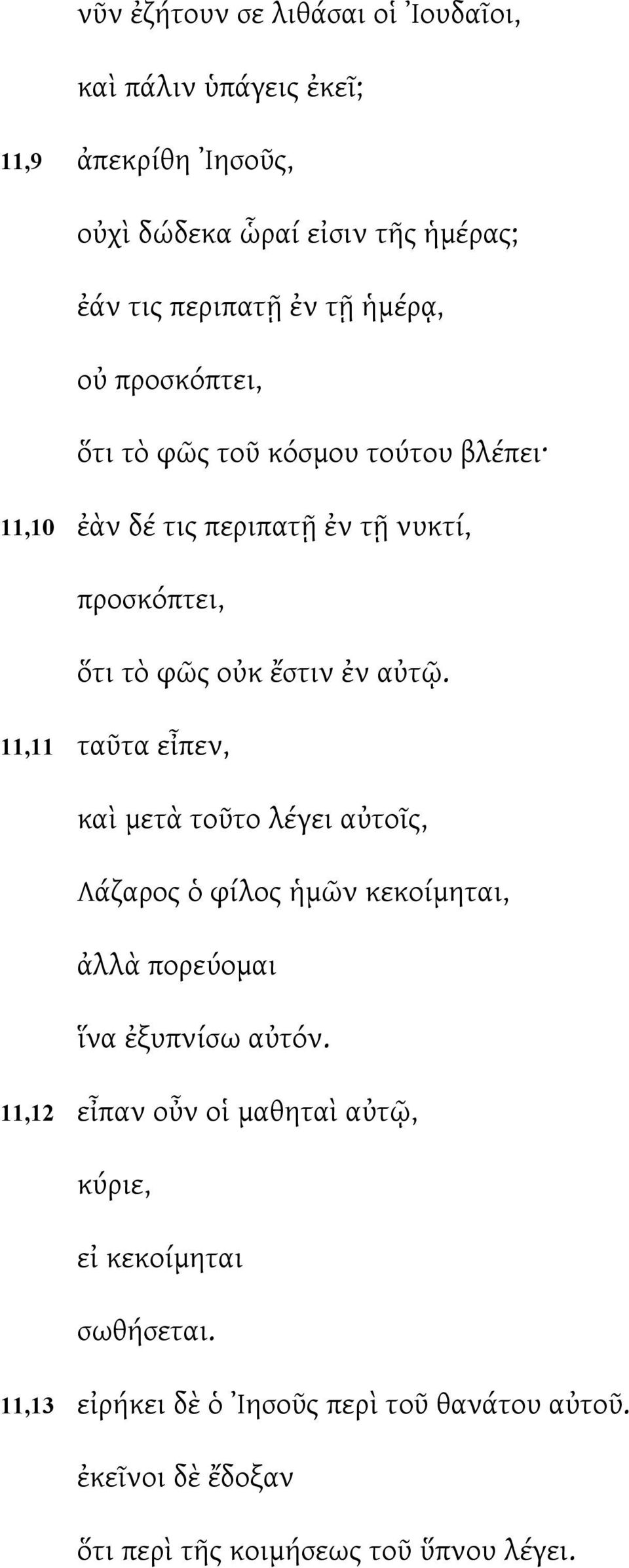11,11 ταῦτα εἶπεν, καὶ μετὰ τοῦτο λέγει αὐτοῖς, Λάζαρος ὁ φίλος ἡμῶν κεκοίμηται, ἀλλὰ πορεύομαι ἵνα ἐξυπνίσω αὐτόν.