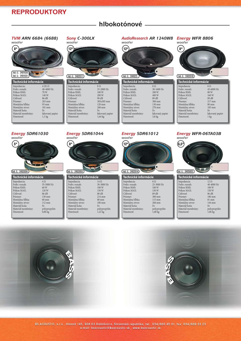 č.: 240025 30-1600 Hz 200 W 400 W 89 db 308 mm 130 mm 278 mm Materiál membrány: lakovaný papier 3,8 kg kat. č.