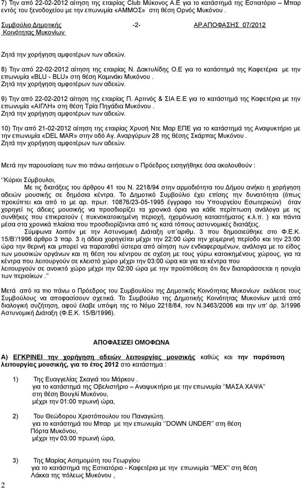 9) Την από 22-02-2012 αίτηση της εταιρίας Π. Αρτινός & ΣΙΑ Ε.Ε για το κατάστημά της Καφετέρια με την επωνυμία «ΑΙΓΛΗ» στη θέση Τρία Πηγάδια Μυκόνου.