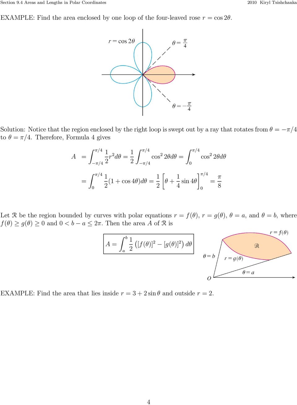 Therefore, Formula 4 gives A π/4 π/4 π/4 r π/4 π/4 cos θ cos θ π/4 + cos 4θ) [θ + 4 ] π/4 sin 4θ π 8 Let R be the region bounded by