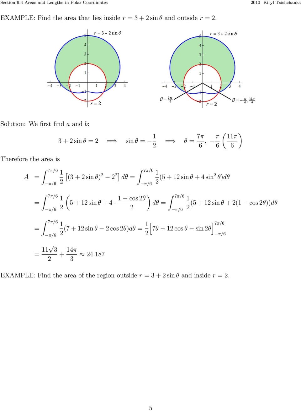 7π/6 3 [ 3 + sin θ) ] 5 + sinθ + 4 7π/6 ) cos θ 7π/6 5 + sin θ + 4 sin θ) 7 + sinθ cos θ) [ ] 7π/6