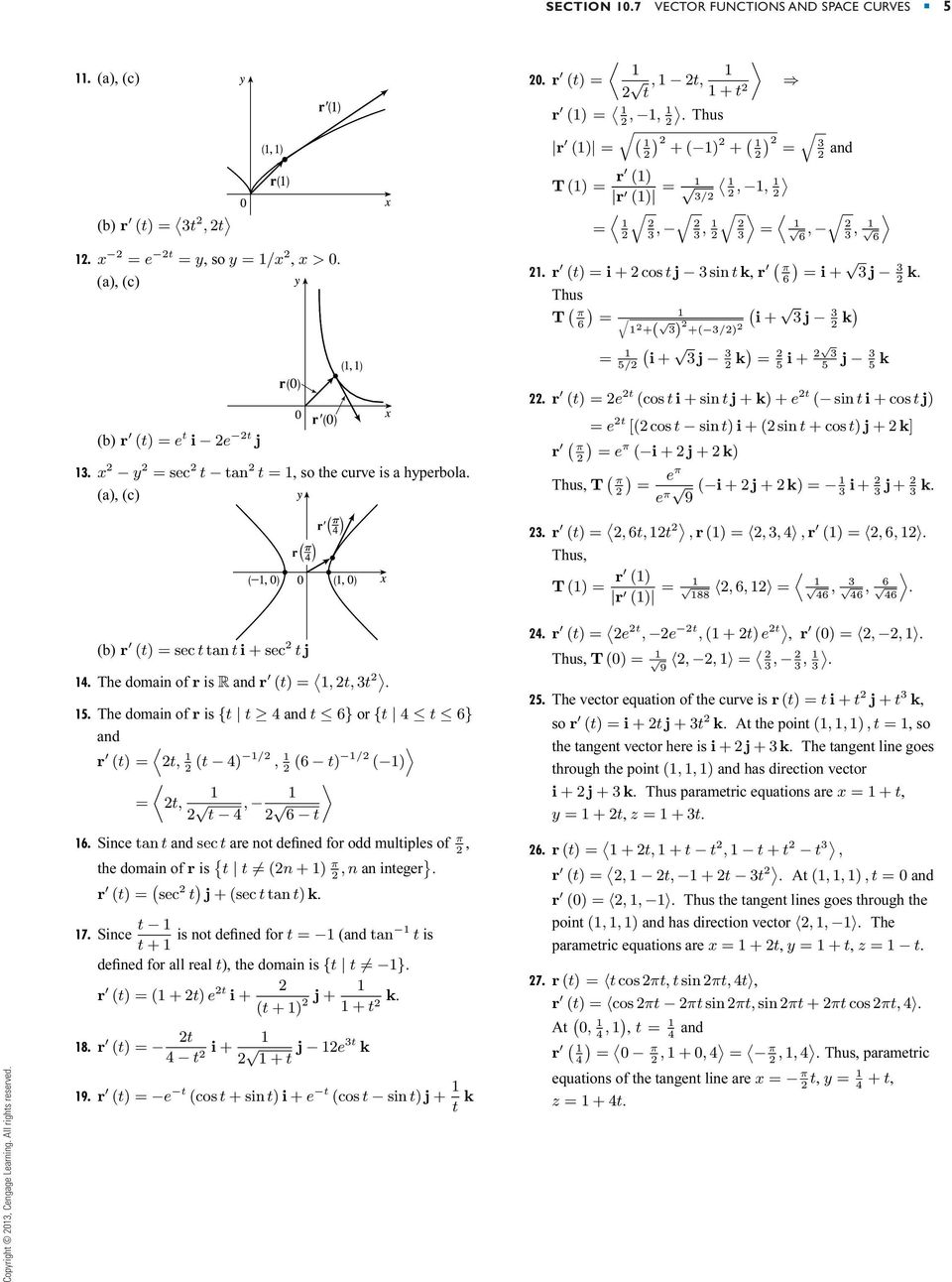 . r () =e (cos sin j + k)+e ( sin cos j) = e [( cos sin ) ( sin +cos) j +k] r ( ) = e ( j +k) Thus T ( ) e = e 9 ( j +k) = j + k. Copyrigh Cengage Learning. All righs reserved.