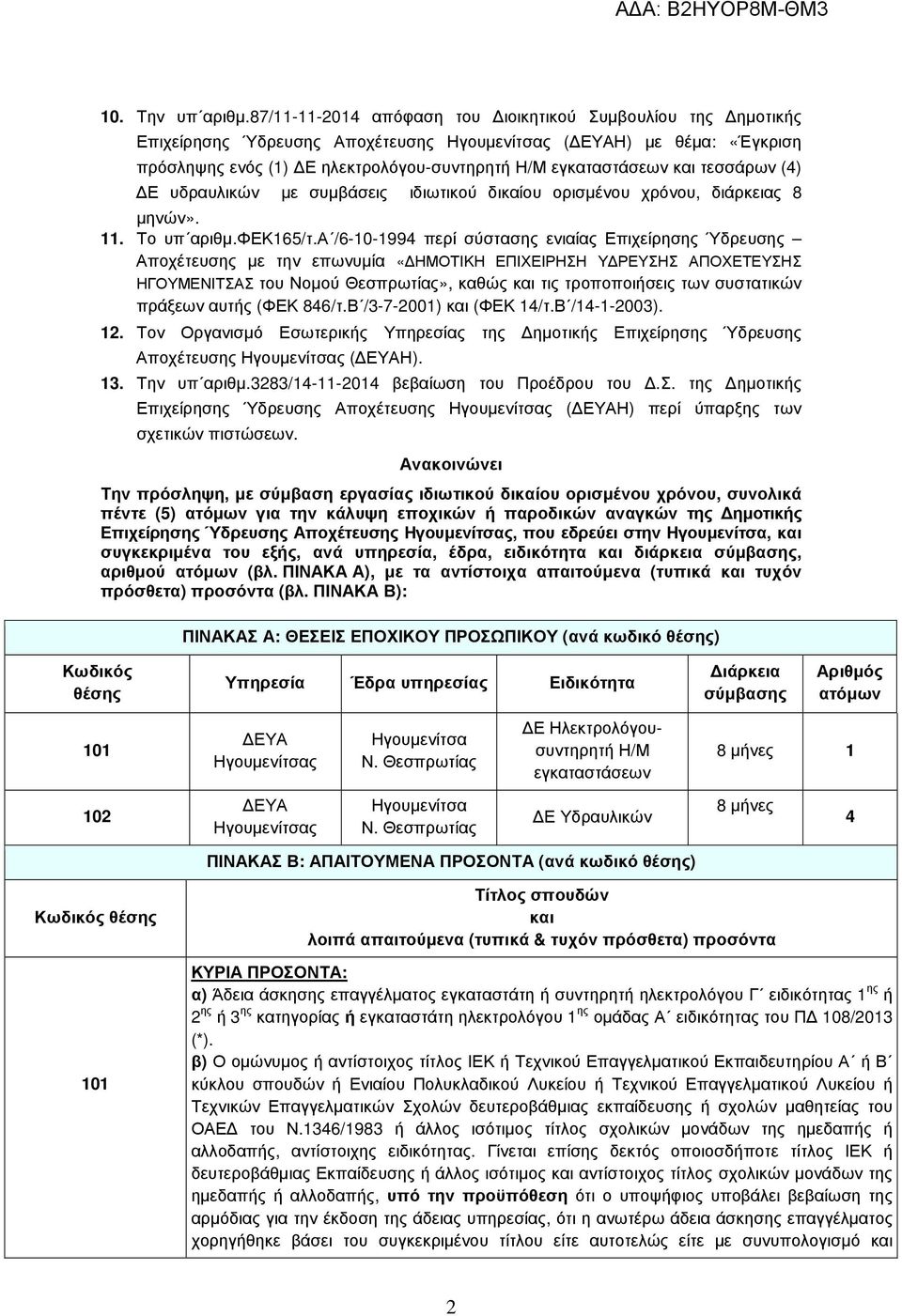 τεσσάρων (4) Ε υδραυλικών µε συµβάσεις ιδιωτικού δικαίου ορισµένου χρόνου, διάρκειας 8 µηνών». 11. Το υπ αριθµ.φεκ165/τ.