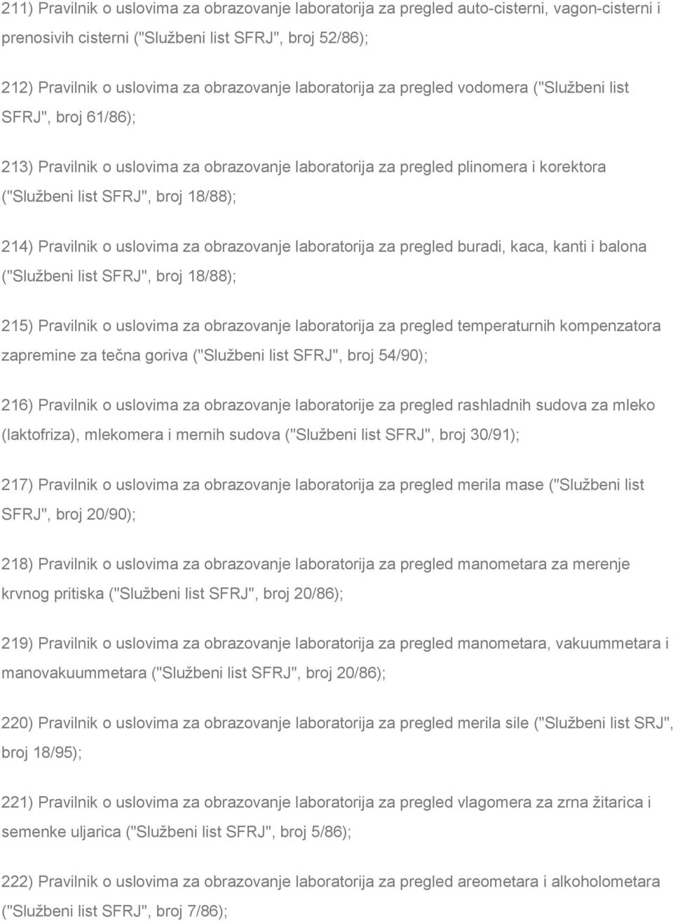 Pravilnik o uslovima za obrazovanje laboratorija za pregled buradi, kaca, kanti i balona ("Službeni list SFRJ", broj 18/88); 215) Pravilnik o uslovima za obrazovanje laboratorija za pregled