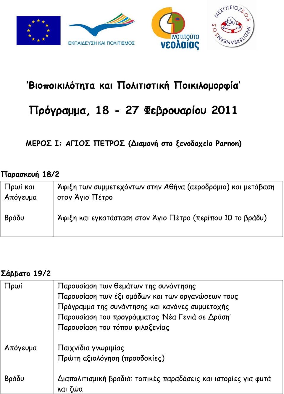 θεμάτων της συνάντησης Παρουσίαση των έξι ομάδων και των οργανώσεων τους Πρόγραμμα της συνάντησης και κανόνες συμμετοχής Παρουσίαση του προγράμματος Νέα Γενιά