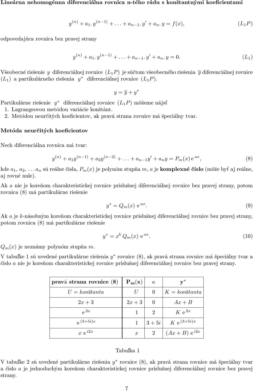 y= y+ y Partikulárneriešenie y diferenciálnejrovnice (L 1 P)môžemenájsť 1. Lagrangeovou metódou variácie konštánt. 2. Metódou neurčitých koeficientov, ak pravá strana rovnice má špeciálny tvar.