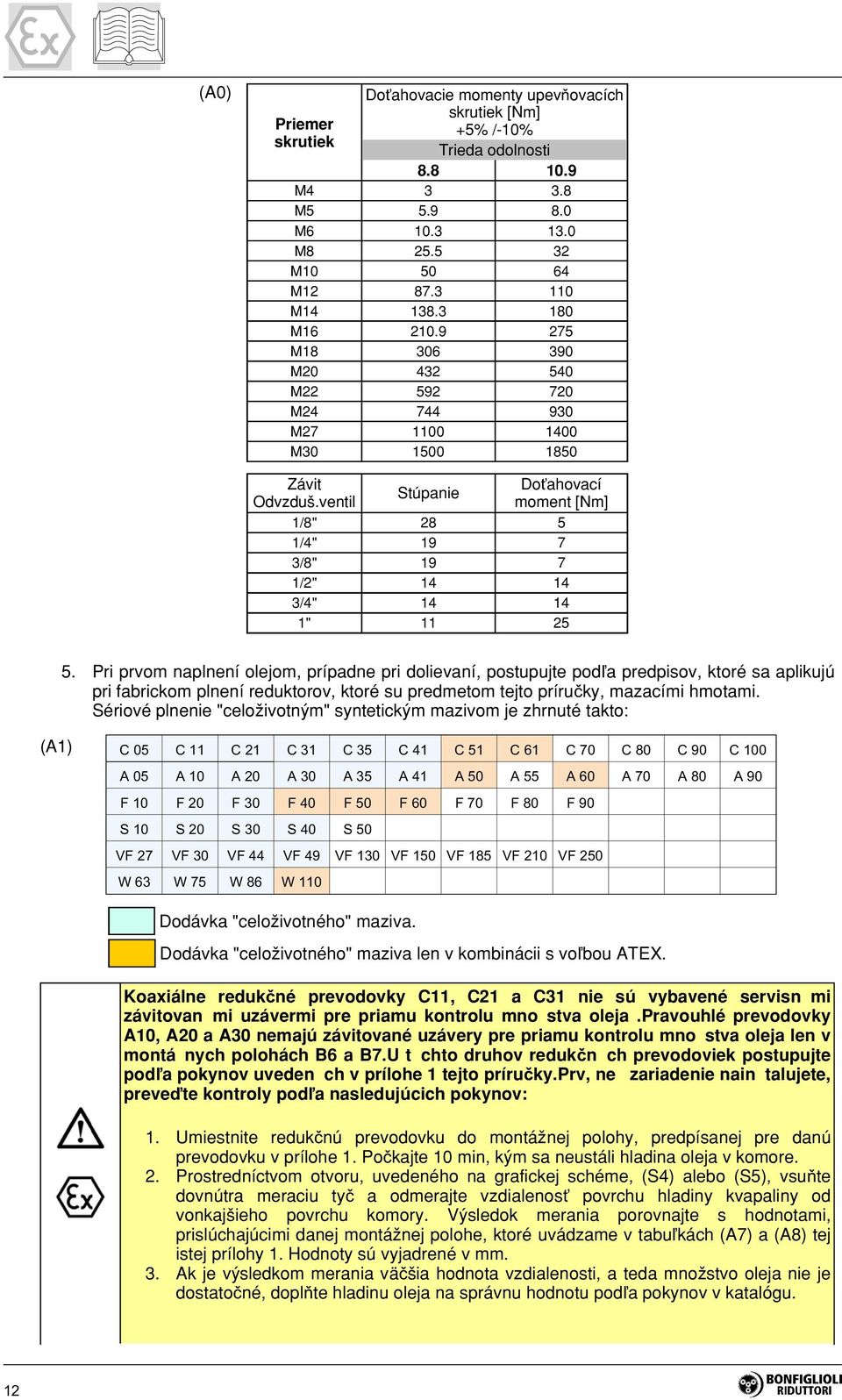 Pri prvom naplnení olejom, prípadne pri dolievaní, postupujte podľa predpisov, ktoré sa aplikujú pri fabrickom plnení reduktorov, ktoré su predmetom tejto príručky, mazacími hmotami.